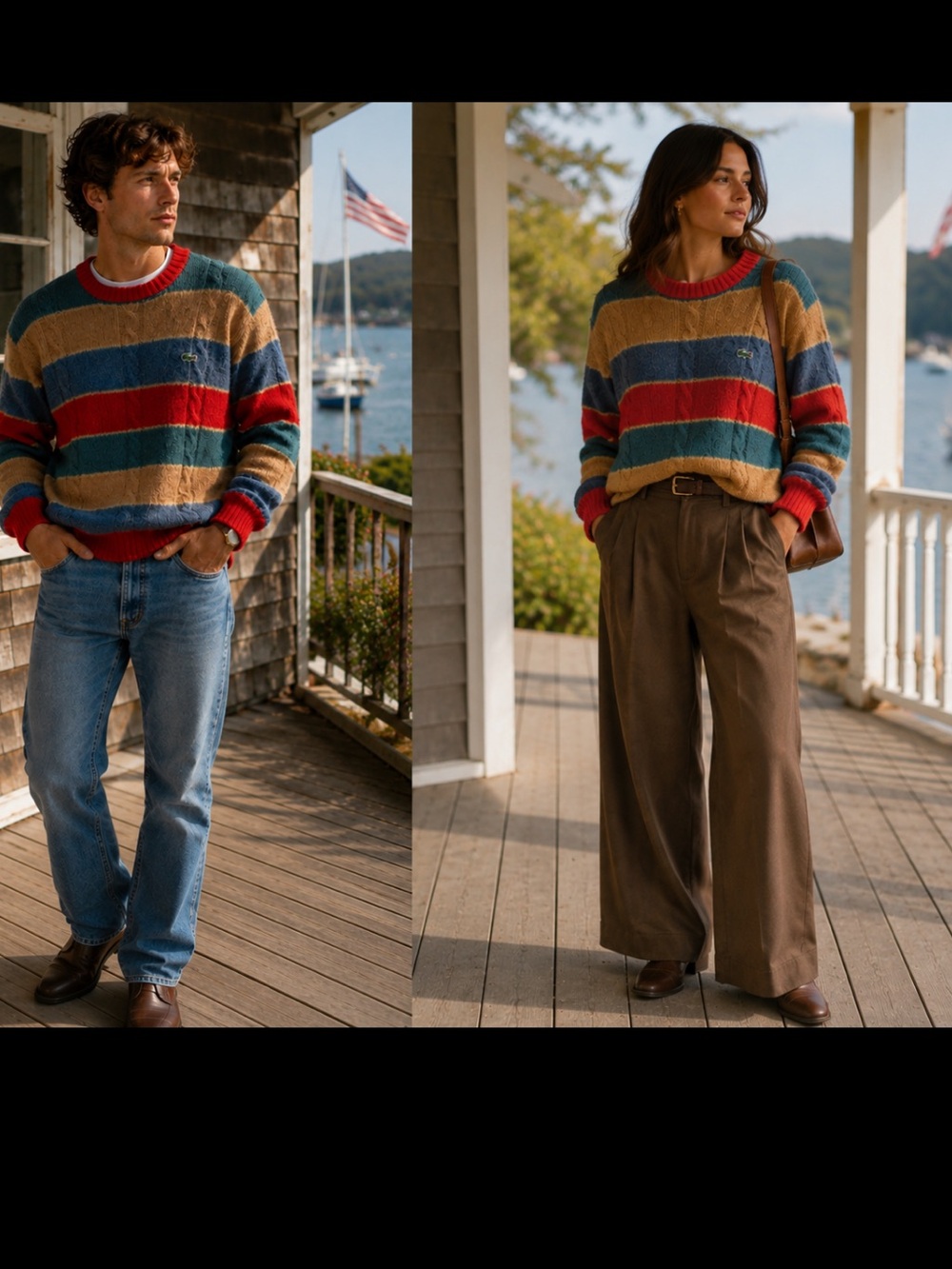 Vintage men’s striped IZOD Lacoste 100% Wool Cable Knit Sweater Made in Hong Kon